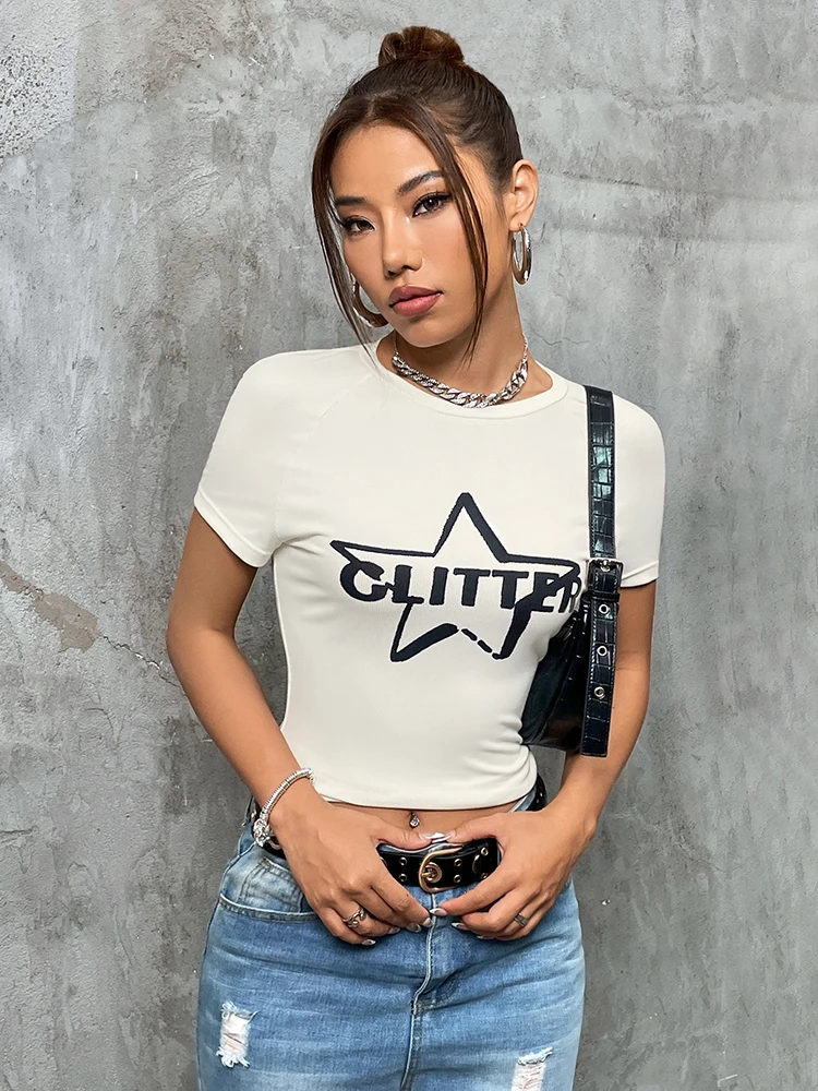 Bold Shade Y2k Pentagram Letter Printed T-shirts 90s Grunge Vintage Short Sleeve Crop Tops Female Streetwear White Skinny Outfit