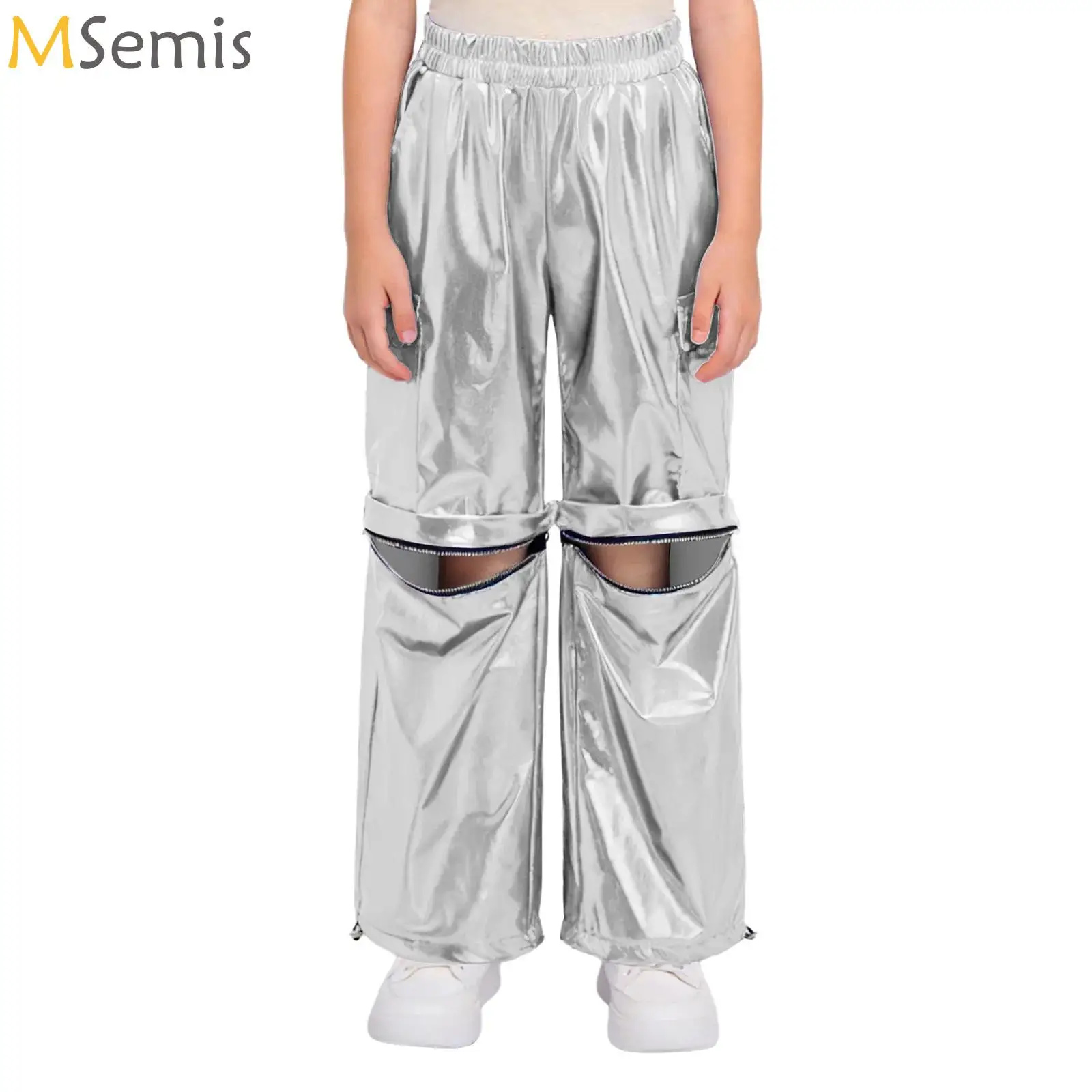 

Boys Girls Metallic Cargo Pants Jazz Dance Costumes Elastic Waistband Shiny Trousers for Kids Modern Hip Hop Street Dancewear