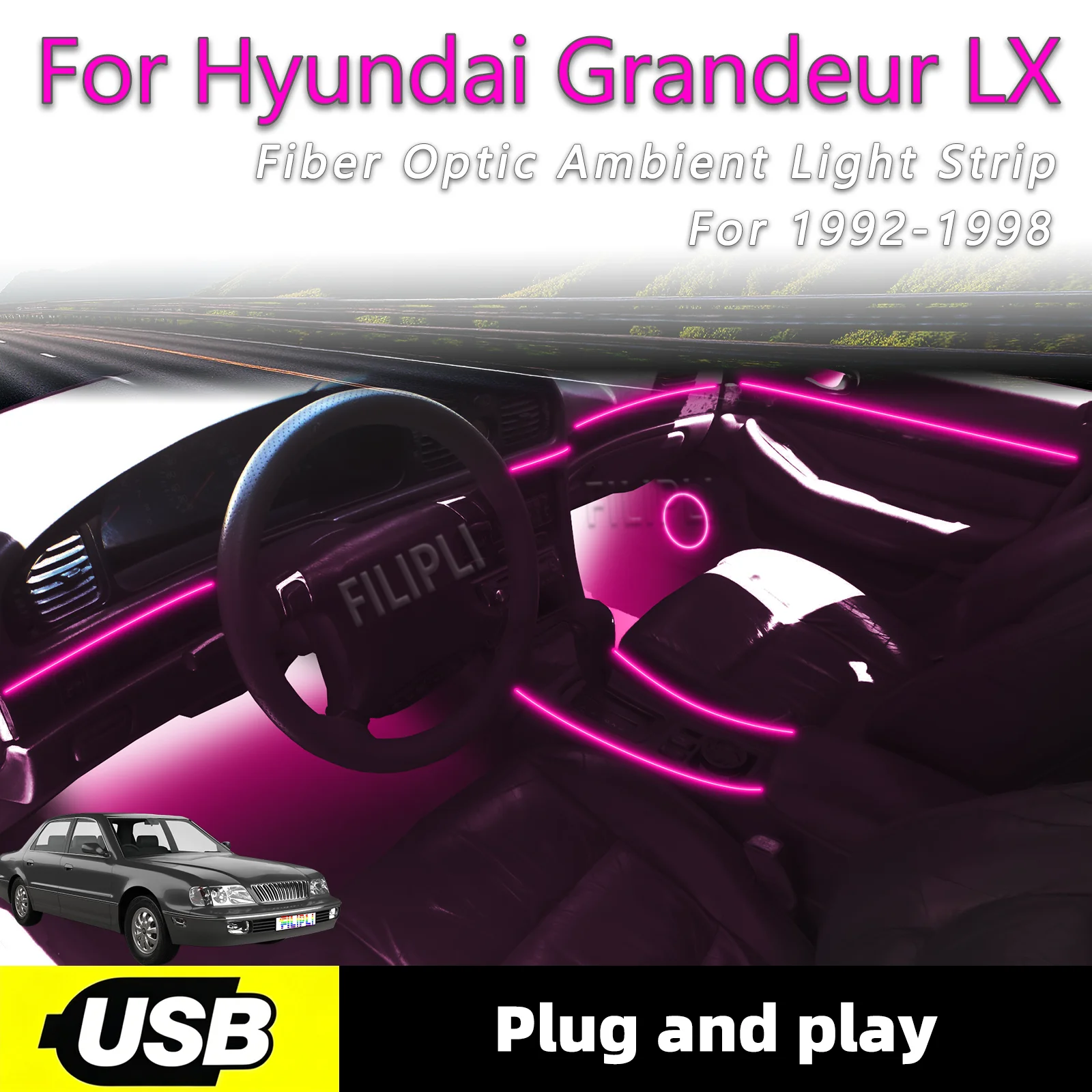 

Теплый белый свет для Hyundai Grandeur LX 1992-1998 годов, атмосферная подсветка с USB-интерфейсом, интерьерная подсветка автомобиля.