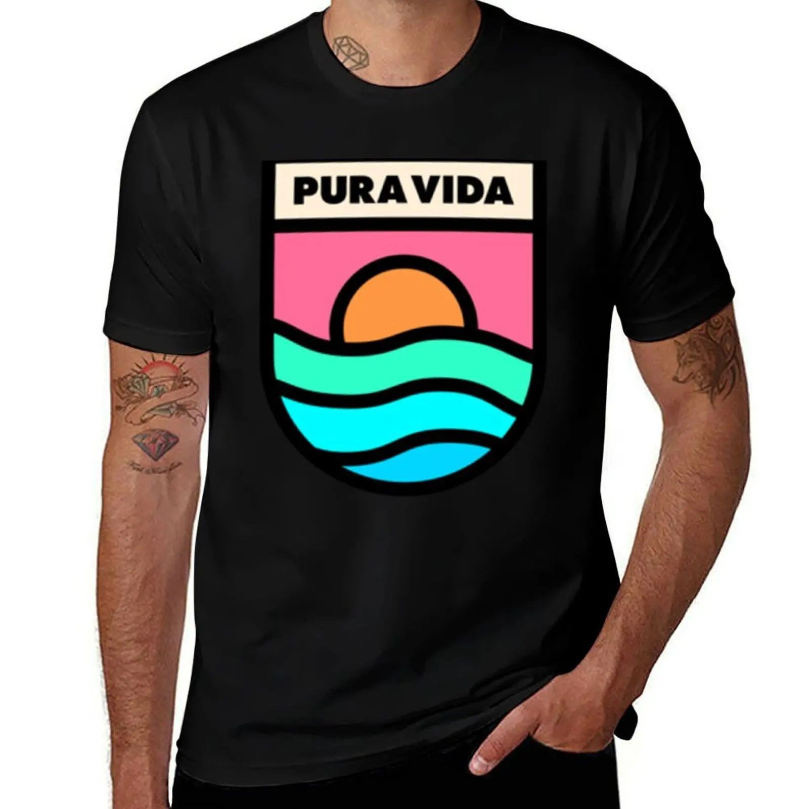 Pura Vida Retro Badge Black Lines T-Shirt Large Size Short Sleeve T-Shirt