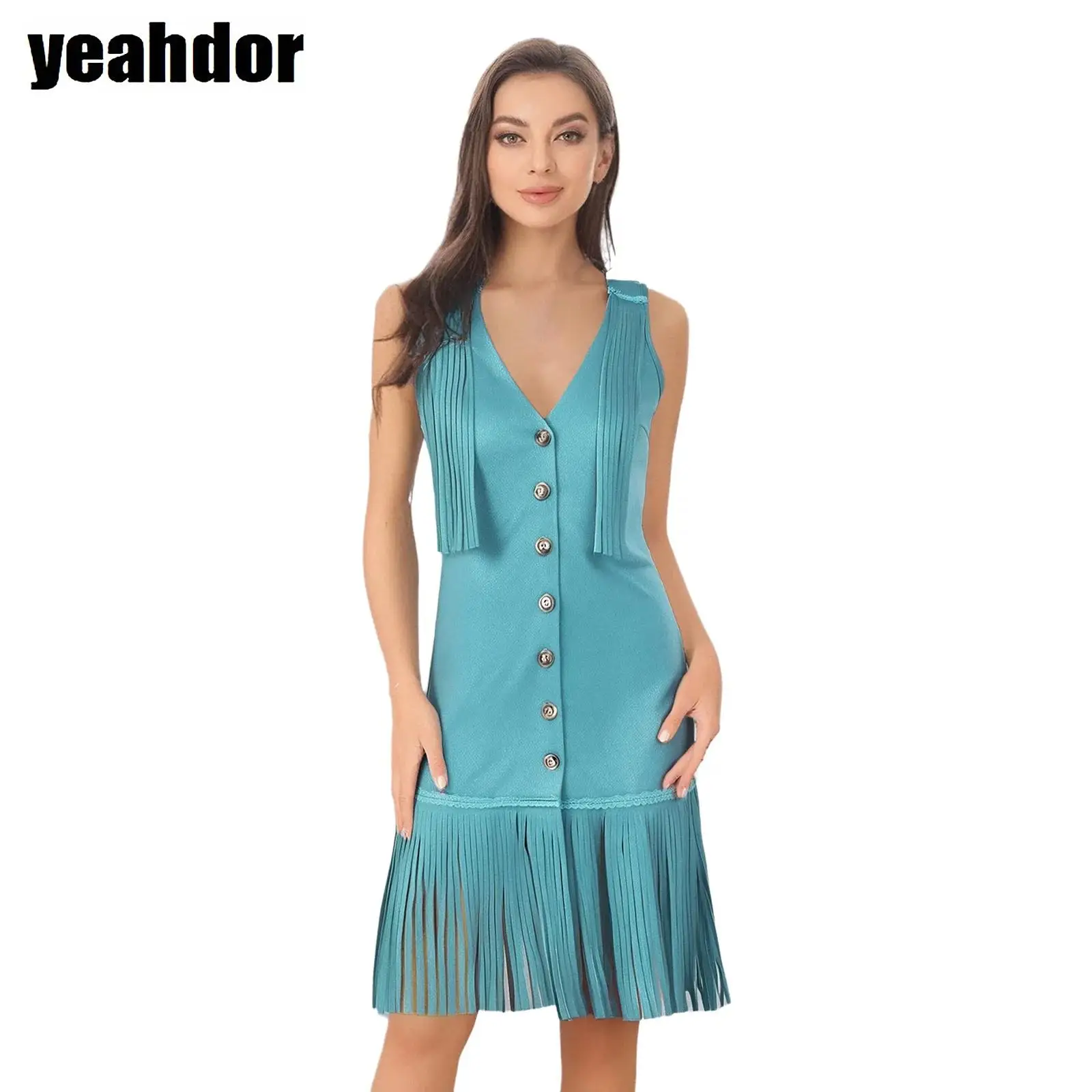 

Women Indian Indigenous Costume Deep V Single Button Sleeveless Faux Suede Fringe Slim-fit Dress Halloween Cosplay Cowgirl Dress