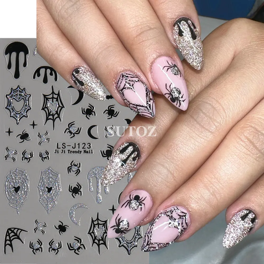 3D Luminous Ghost Nail Sticker Halloween Decoration Glitter Bat Pumpkin Slider Heart Spider Web Charms Manicure Decal LEBLS-J123