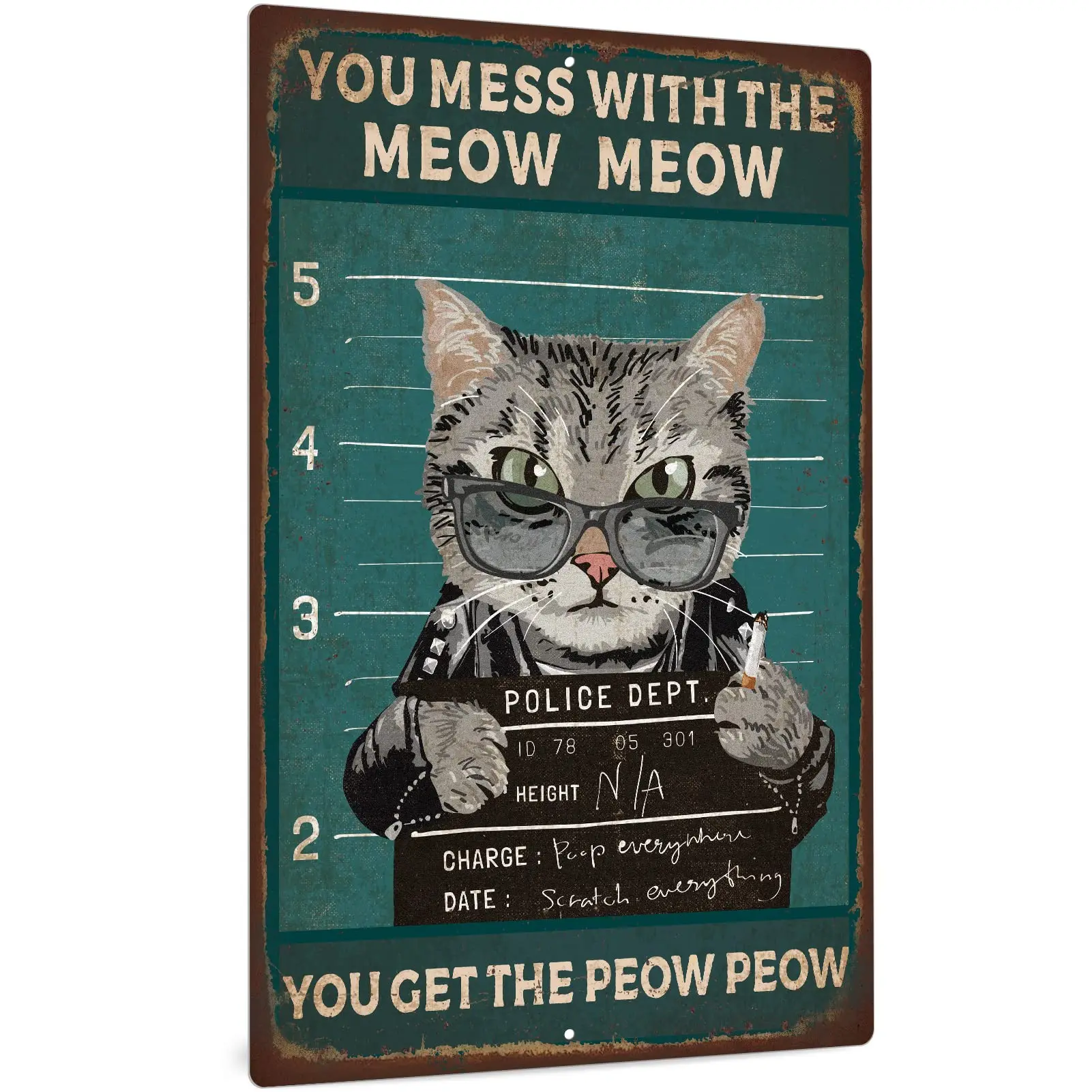 Decor Vintage Metal Cat Sign, Funny Quote You Mess With The Meow Meow Decor for Home, 12x8 Inches Aluminum