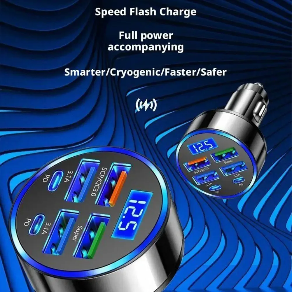 300W PD Car Charger QC3.1 Fast Charge 4USB+2PD Ports Car Cigarette Lighter Plug Car Charger Flash Charge with Digital Display