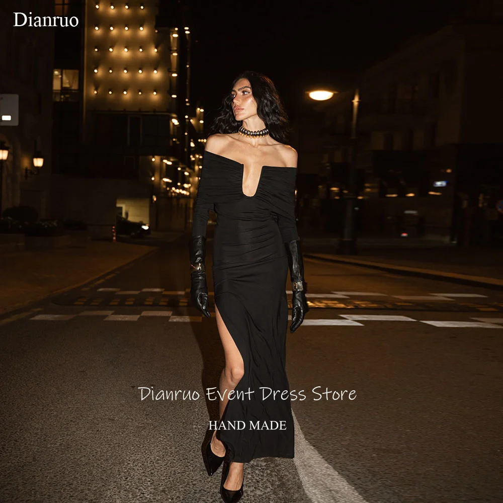 ชุดราตรีเซ็กซี่เปิดไหล่ ดีไซน์ผ่าข้าง แบรนด์ Dianruo สีดำ สง่างาม ทรงตรง สำหรับงานพรอม ปี 2026 รับตัดตามสั่ง
