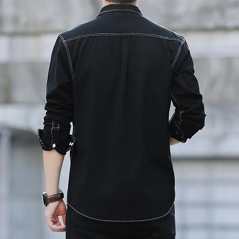 2024 New Black Japanese Casual Shirt Imitation Denim Wash Plain Long Sleeve Shirt Simple Fashion