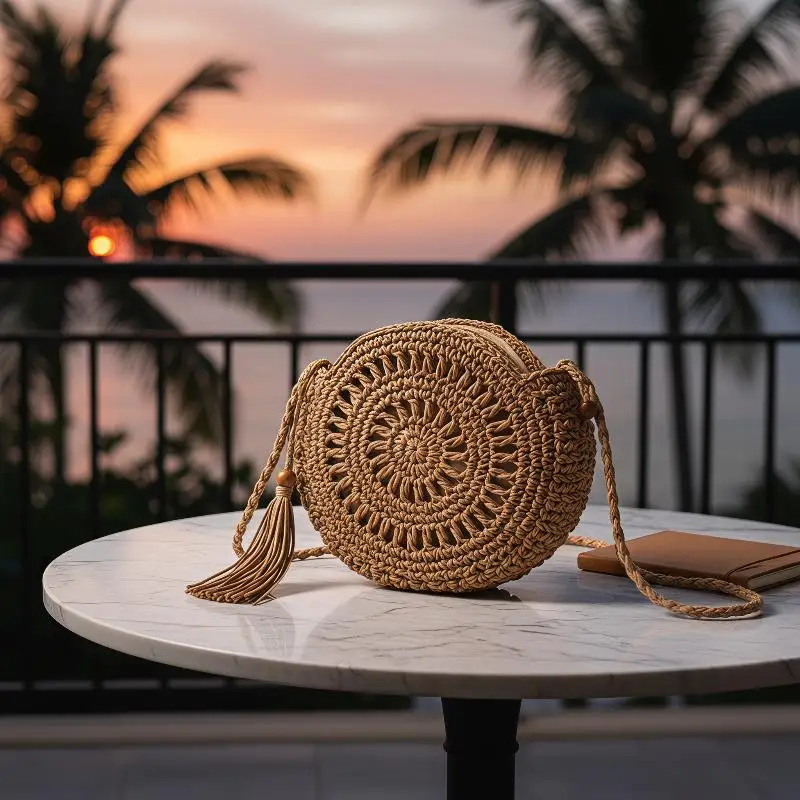 Hollow Straw Bag Circle Rattan Bag Round Soft Paper Rope Shoulder Bag Tassel Summer Beach Handmade Crossbody Bags