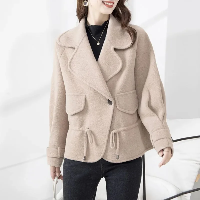 

Autumn Winter Short Woolen Coat Women 2025 NEW Loose Suit Collar Jacket Pure Colour Outerwear Fashion Thicken Overcoat Female