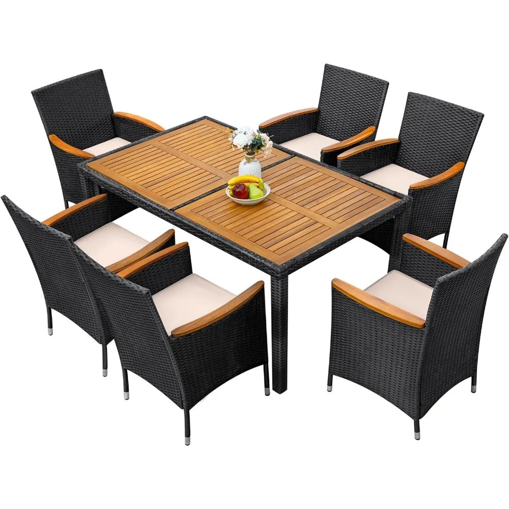 7 piece outdoor patio dining set, conversation set, 1 table and 6 rattan chairs, curved acacia wood armrests and cushions, black image 4