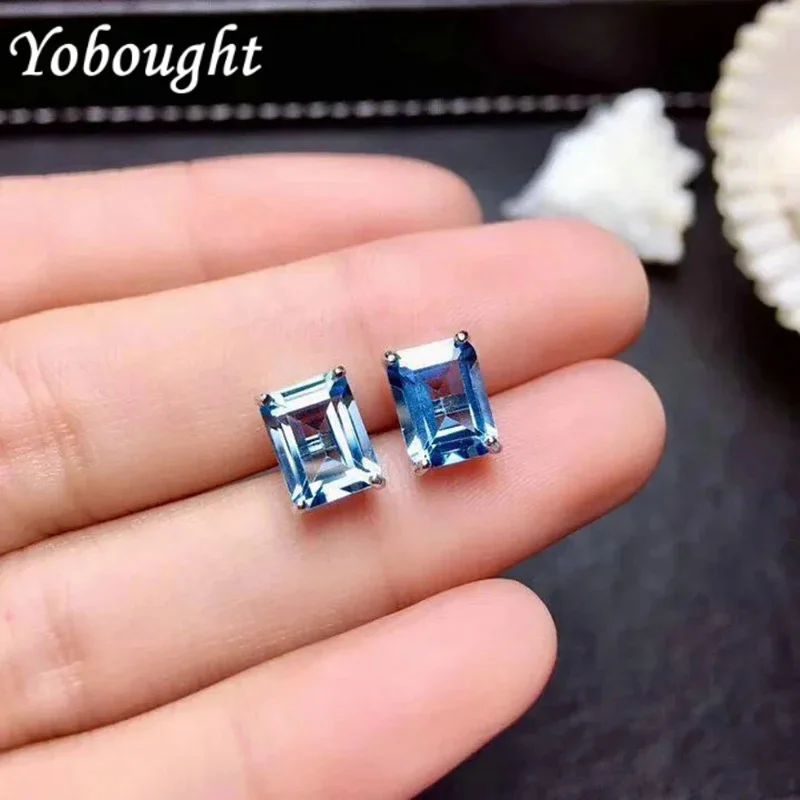 Novel And Unique Design Inlaid Blue Square Topaz Women'S Stud Earrings Elegant Charm Fresh Sparkling Party Silver Jewelry