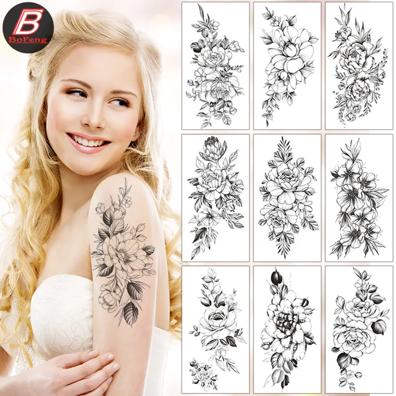 

Temporary Sketch Flowers Tattoo Stickers Hand-painted Black And White Blossom Waterproof Tattoo Stickers For Woman Art Tattoo