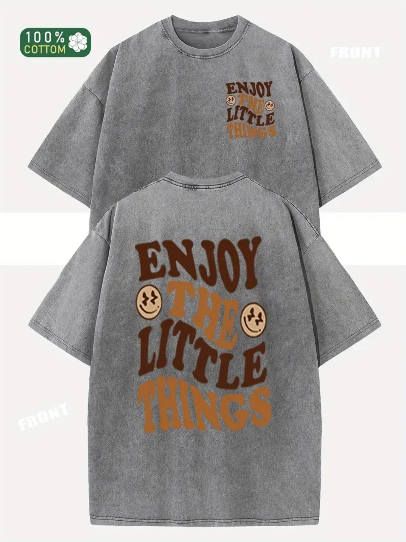 Fashion Pattern Printed Fancy Retro Washed Cotton T-shirt - 230g Thick Cotton, Round Neck Short Sleeves, Retro Street Style, Machine Washable, Spring and Summer Casual Wear, Loose Version Women's T-shirt