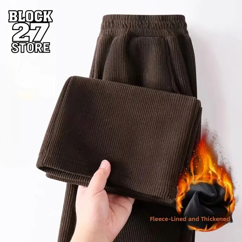 

Mens Corduroy Pants Autumn Winter Thick Fleece Straight Leg Elastic Waist Wide Leg Casual Sports Sweatpants Harajuku Fashion New
