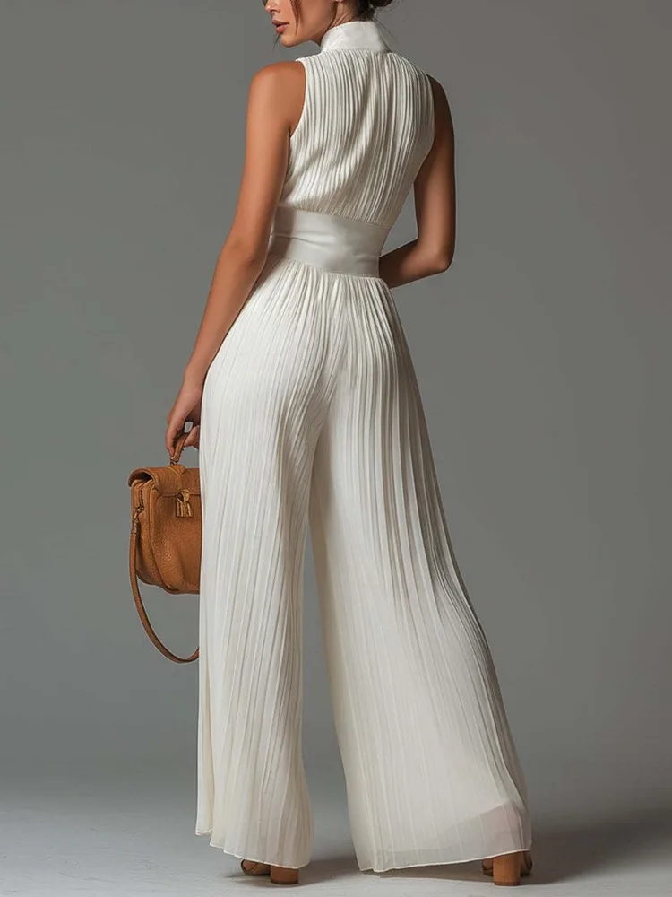 Uoozee Women's Elegant Cocktail Party Pleated Jumpsuits Stand Collar Sleeveless High Waist Wide Leg Zipper Office Overalls 2026