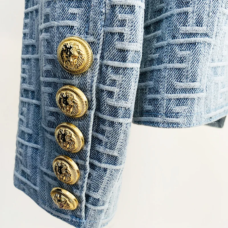 Elegant Lion Head Gold Button Blazer Jacket Women Labyrinth Jacquard Denim New in Outerwears Ladies Long Sleeves Lapel Slim Suit