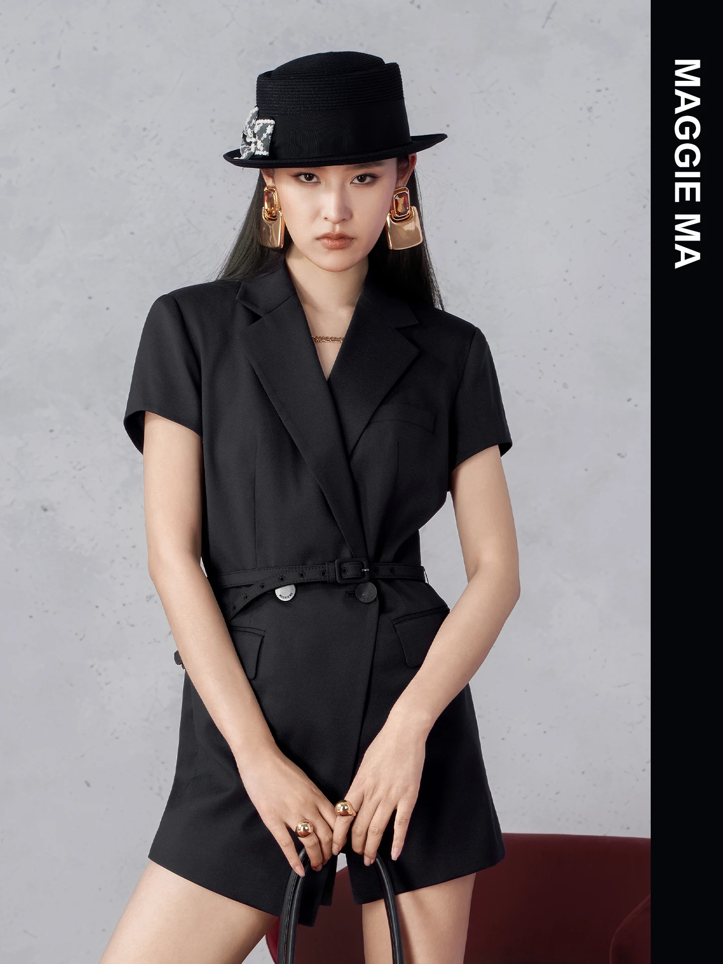 

Maggie Ma Style Belted Dry Runway Black One-Piece Pants High Waist Short Pants Polyester Fiber Commute Style