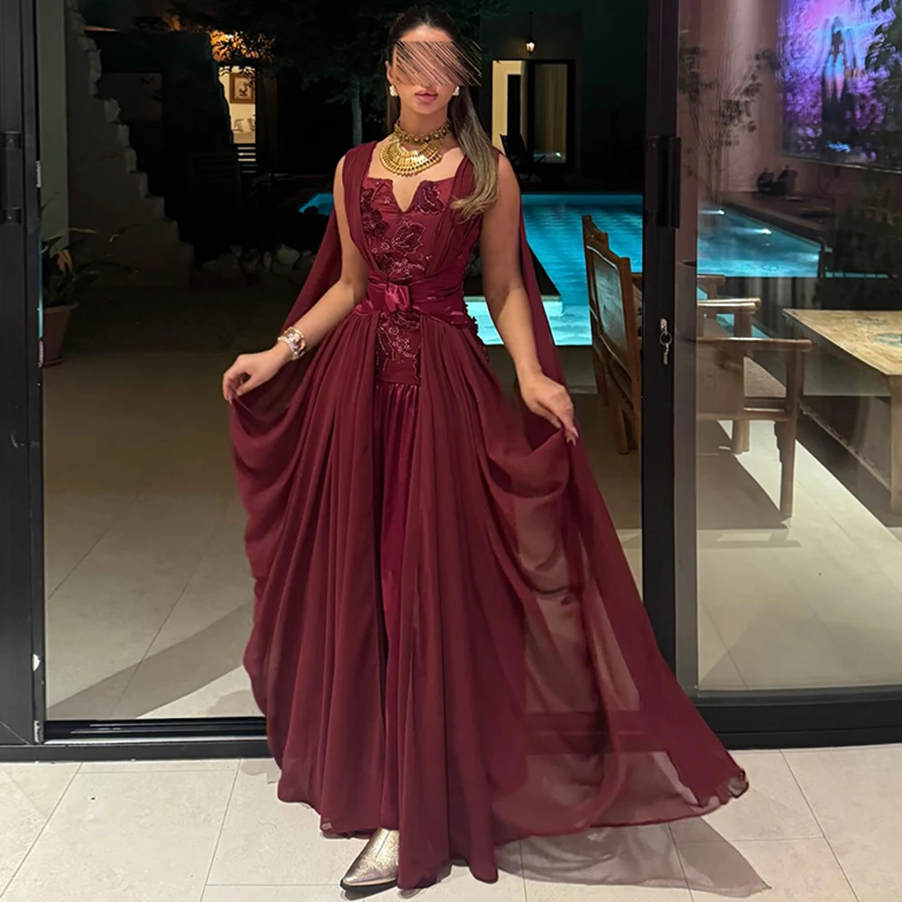 

Soft Burgundy Chiffon Customized Evening Dress Square Collar Sleeveless Homecoming Dresses Exquisite Beading Celebrity Gowns
