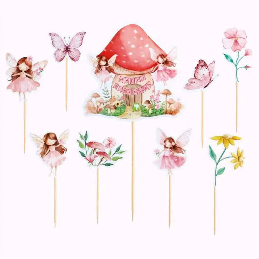 9 Uds Hada de las flores mariposa seta Cupcake Topper decoración de pasteles para 1er cumpleaños boda Baby Shower suministros para fiestas