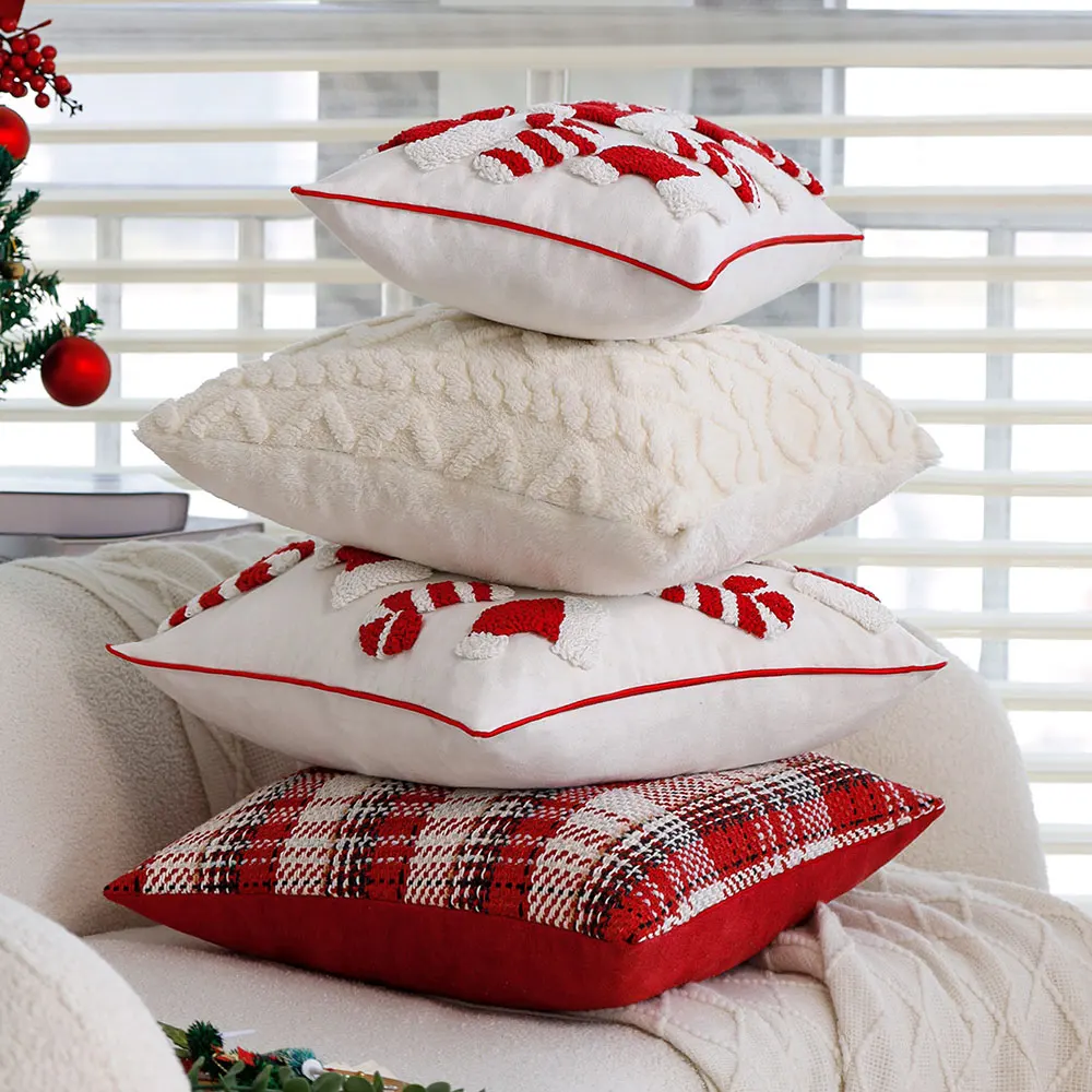 Red Christmas Santa Hat Embroidery Decorative Pillow Cover Living Room Sofa Cute Christmas Party Decoration Funda Cojin Hogar