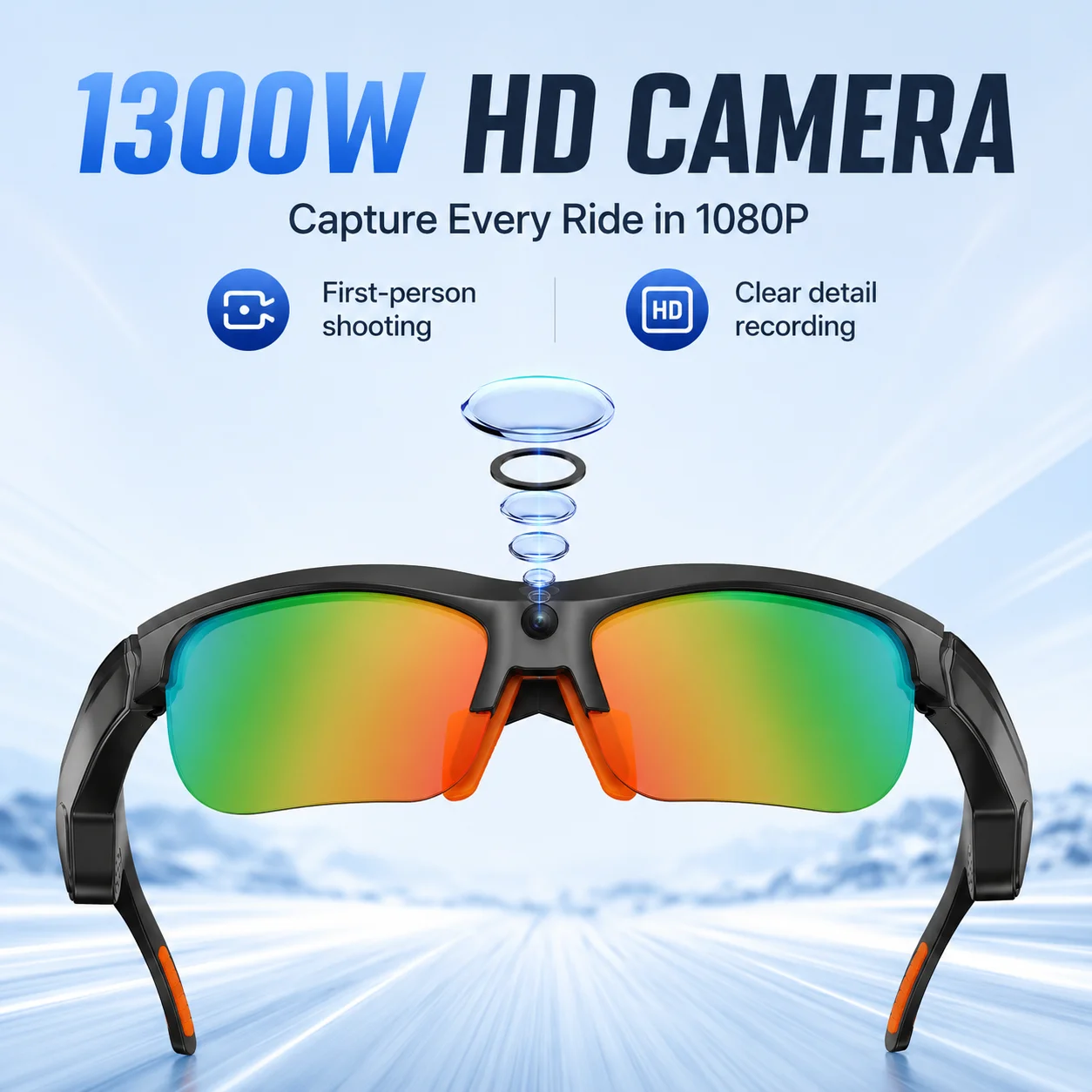 V8 UV400 Polarized Cycling Sunglasses Open Ear Surround Sound Bluetooth Call Music Play Anti-slip Frame 1300W Camera Driving Run