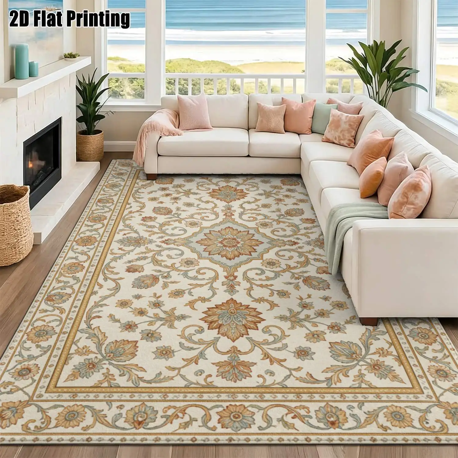 1Pc 2D Printed Beige Floral Geometric Carpet, European Vintage Style, Home Decor, Multi-Size, Machine Washable, for Entrance, Dining Room, Foyer, Living Room, Bedroom