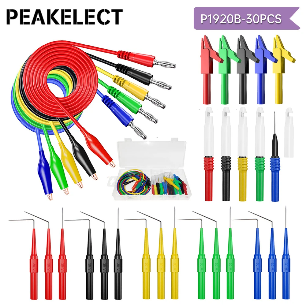 Peakelect P1920B 30PCS Test Leads Back Probe Kit 4mm Banana Plug to Alligator Clip Leads with Wire Piercing Probes Car Repairing