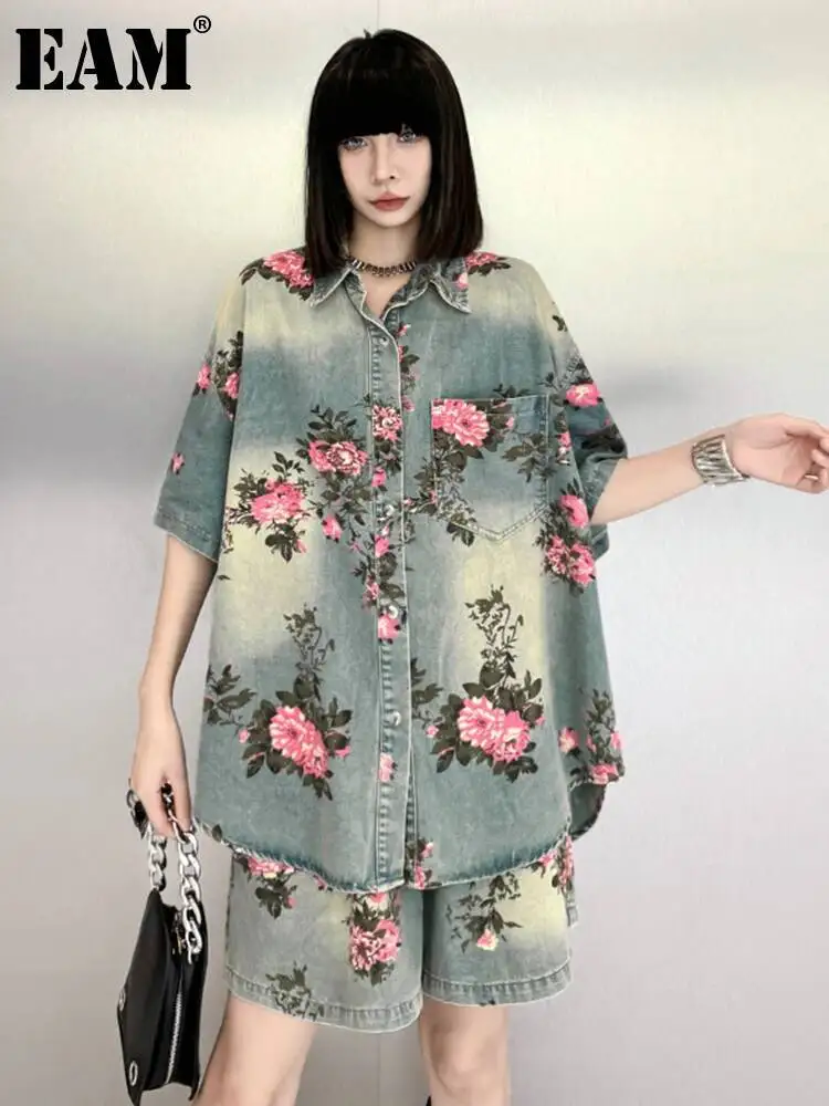 [EAM] Blue Denim Shirt Wide Leg Shorts Two Piece Suit New Lapel Short Sleeve Women Fashion Tide Spring Summer 2025 1DH6138