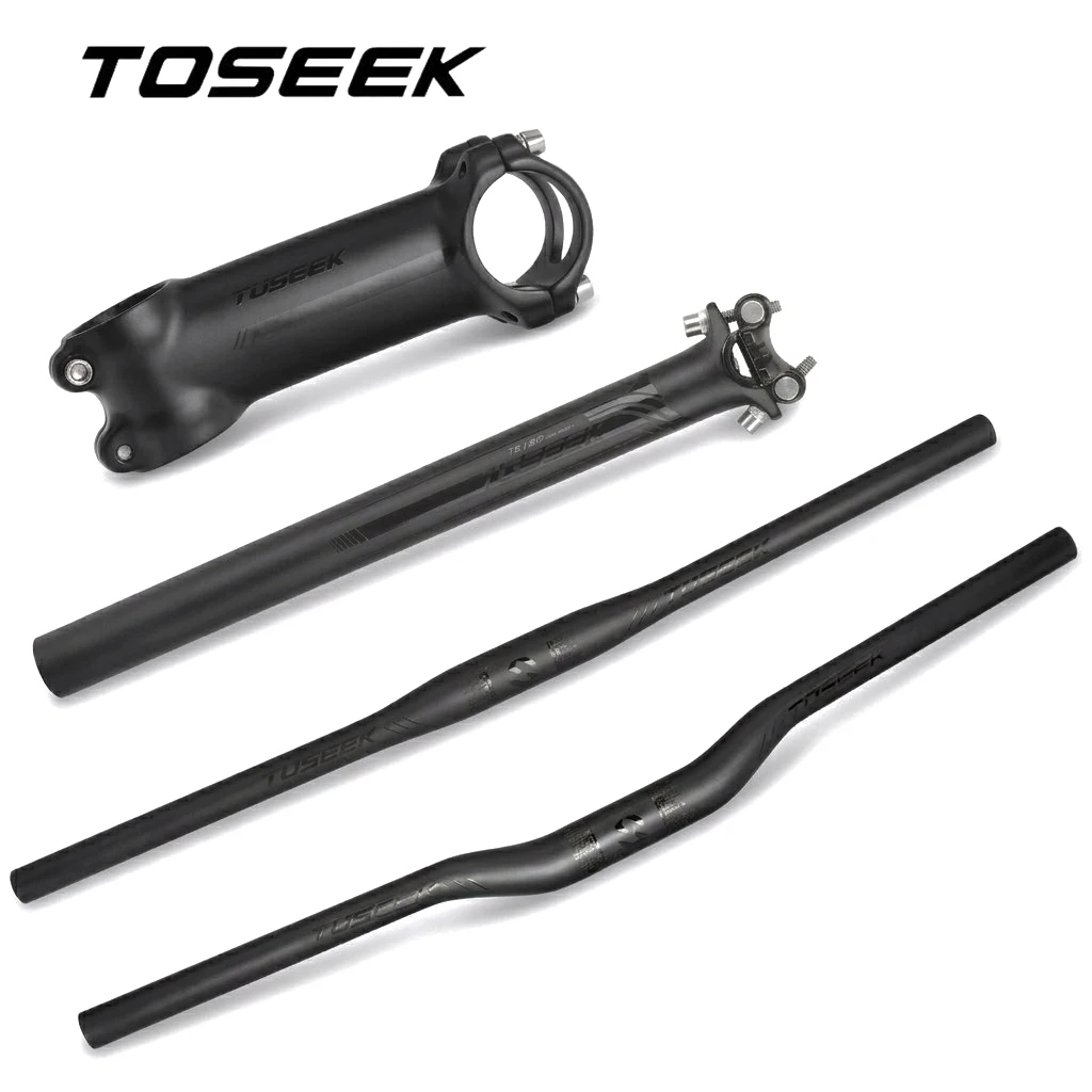 TOSEEK Schwarz Matt Carbonfaser-Lenker-Sets MTB Fahrradlenker+Sattelstütze+Vorbau für Mountainbike-Lenker-Kits