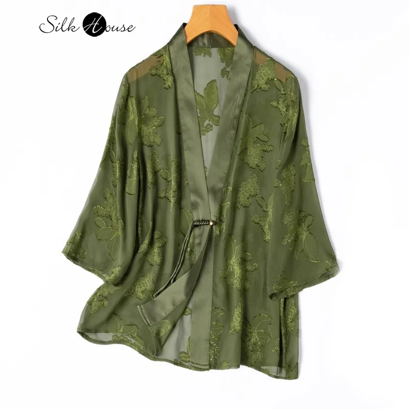 

2024 Women's Fashion Summer New High Grade 100% Natural Mulberry Silk Cut Silk Loose Three-quarter Sleeve Cardigan