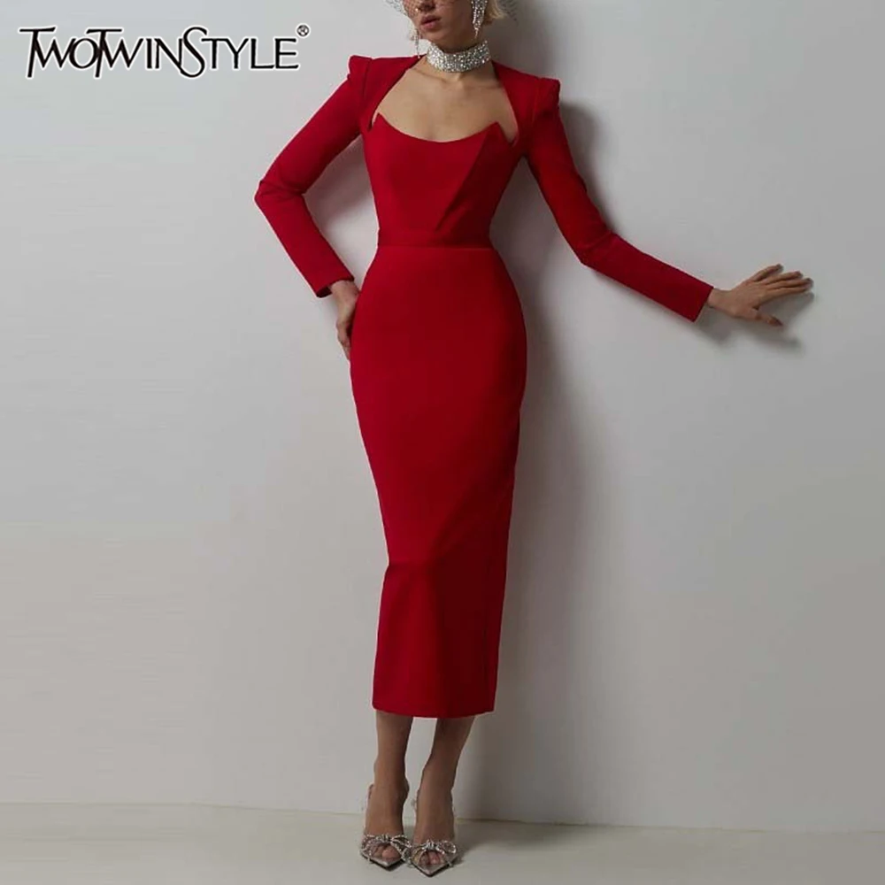 

TWOTWINSTYLE однотонные минималистичные платья для женщин с круглым вырезом и длинными рукавами, высокой талией, утягивающее платье, женская модная одежда 2024