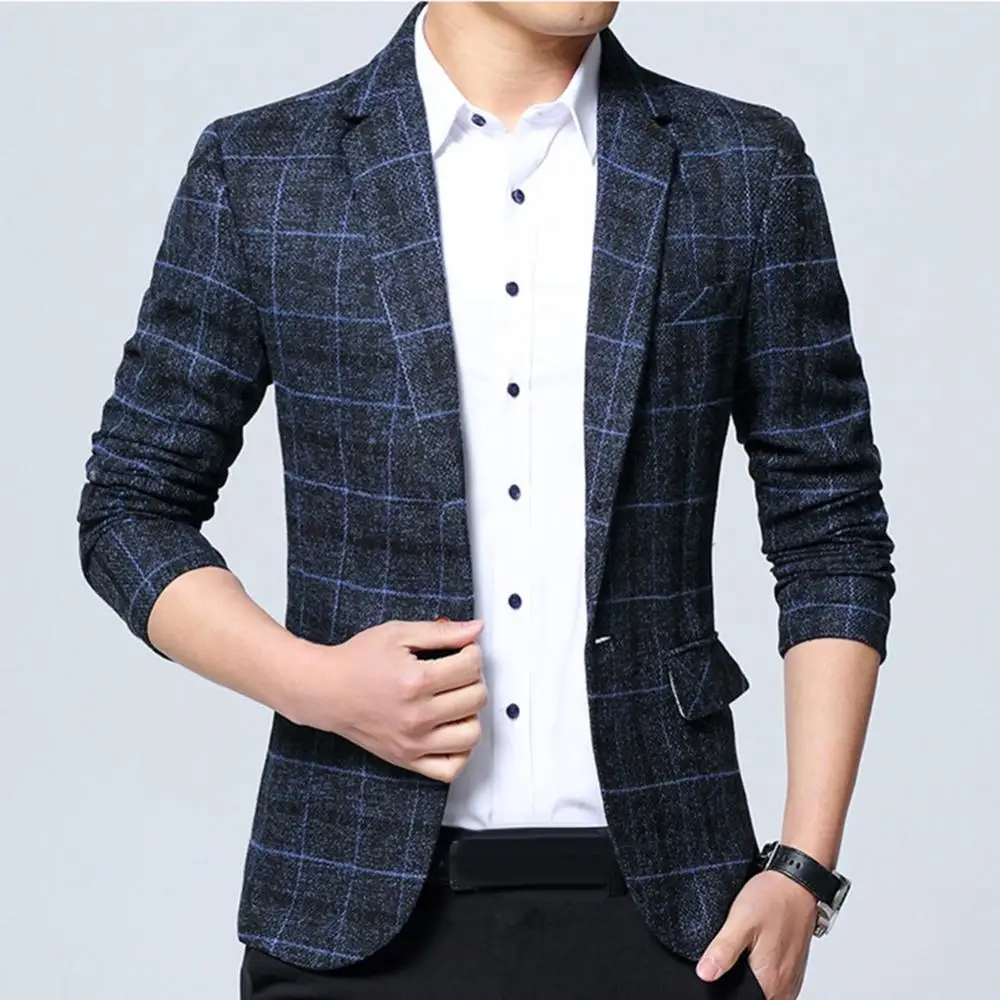 Chaqueta de traje a cuadros para hombre, Blazer de negocios a cuadros de lino, chaqueta ajustada con solapa, abrigo con decoración de botones, traje de negocios, 2024