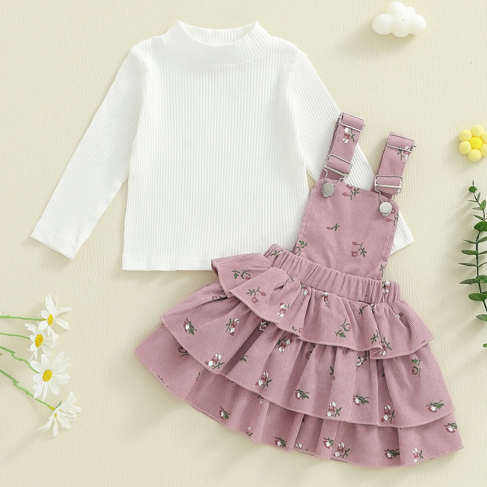 

Toddler Girl Fall Outfit Solid Color Long Sleeve Mock Neck Top with Floral Print Tiered Ruffled Overall Skirt 2Pcs Set