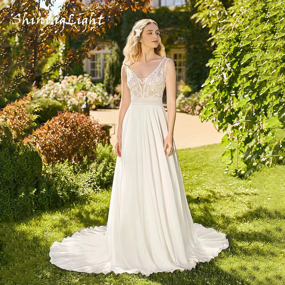 

ShiningLight A-Line Chiffon Women Wedding Dresses Sleeveless V-Neck Bohemian Lace Bride Gowns Sexy Vestido De Novia Customized