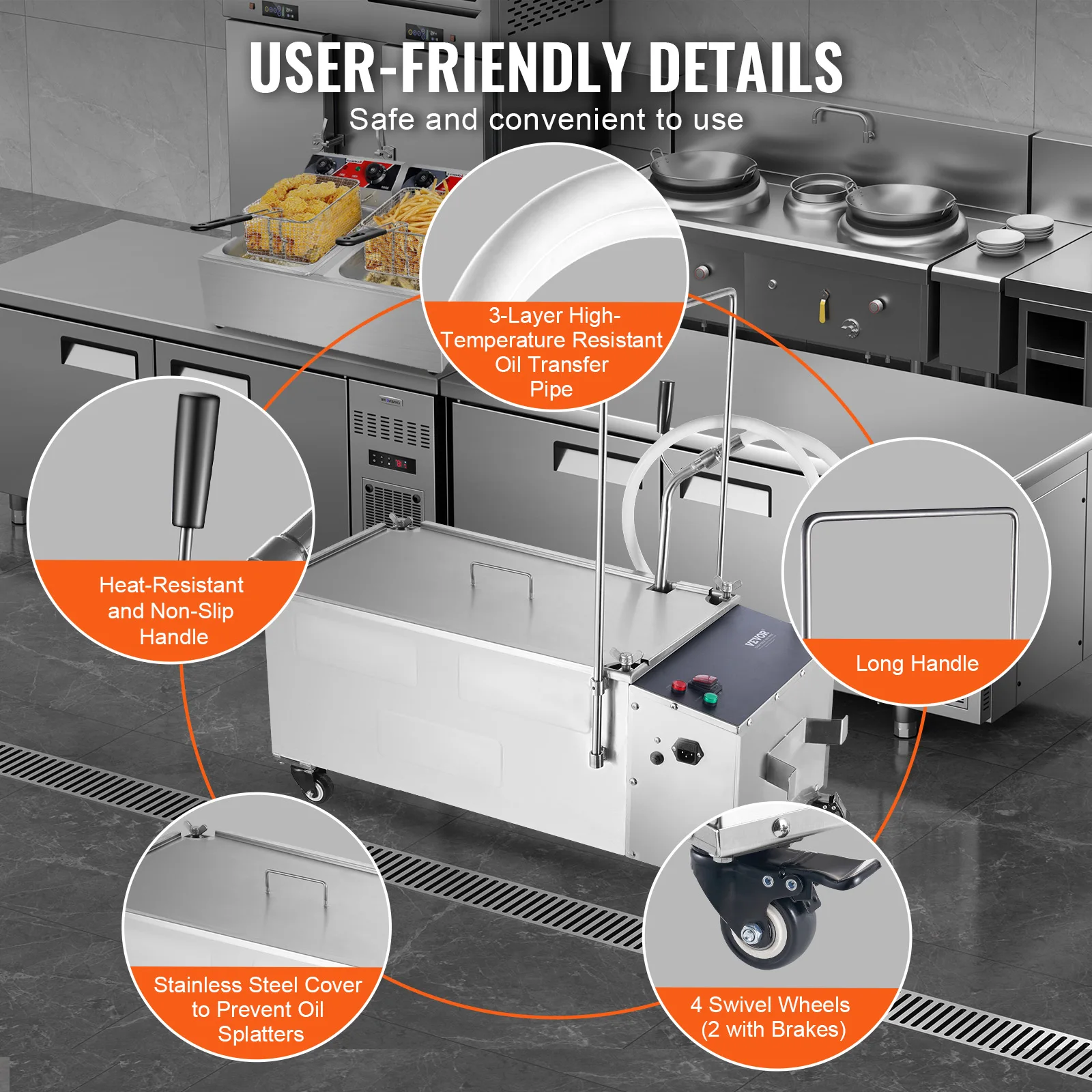 VEVOR Mobile Fryer Filter,55L Oil Tank Capacity,Mobile Frying Oil Filtering System w/Swivel Wheels,10 L/min Oil Filtration Speed