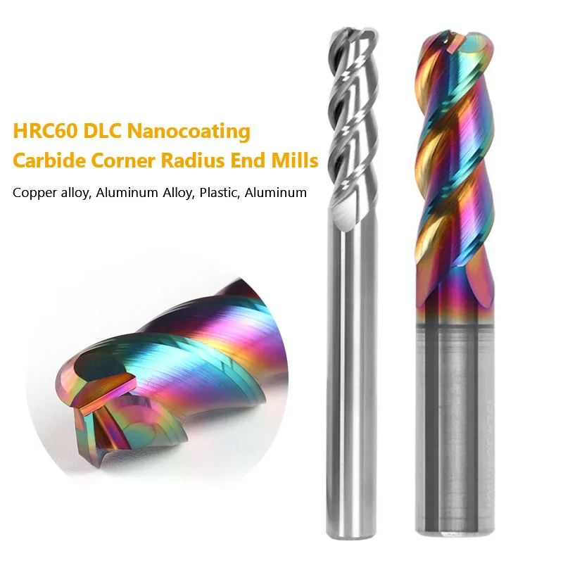 3 Flute End Mill HRC60 DLC Corner Radius End Mill R0.2 R0.5 R R2 R3 1-12 Tungsten Carbide CNC R Bullnose Cutter Aluminum Cutter