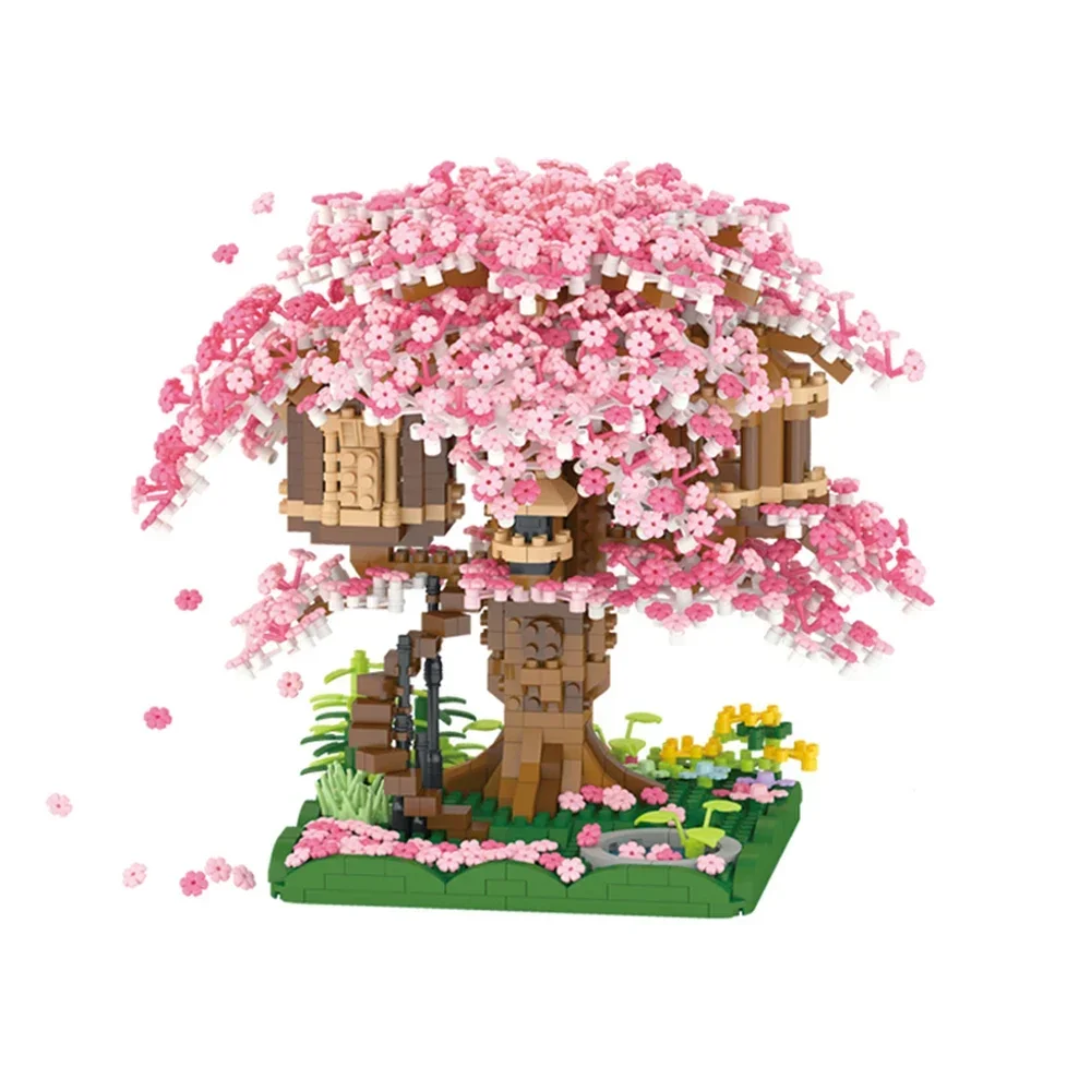 ピンクの桜のツリーハウス マイクロ ミニ ビルディング ブロック おもちゃ 楽しい組み立て 美しいデスクトップと家の装飾 女の子へのホリデーギフト