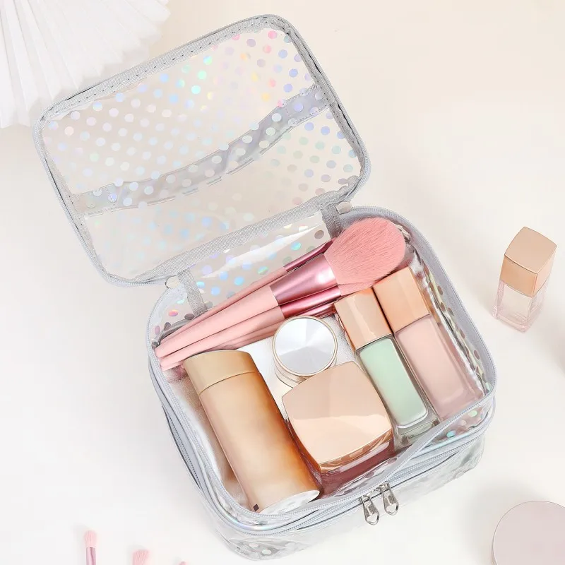 Polka dot transparent PVC double layer makeup bag Multi-functional portable waterproof makeup case large capacity travel storage