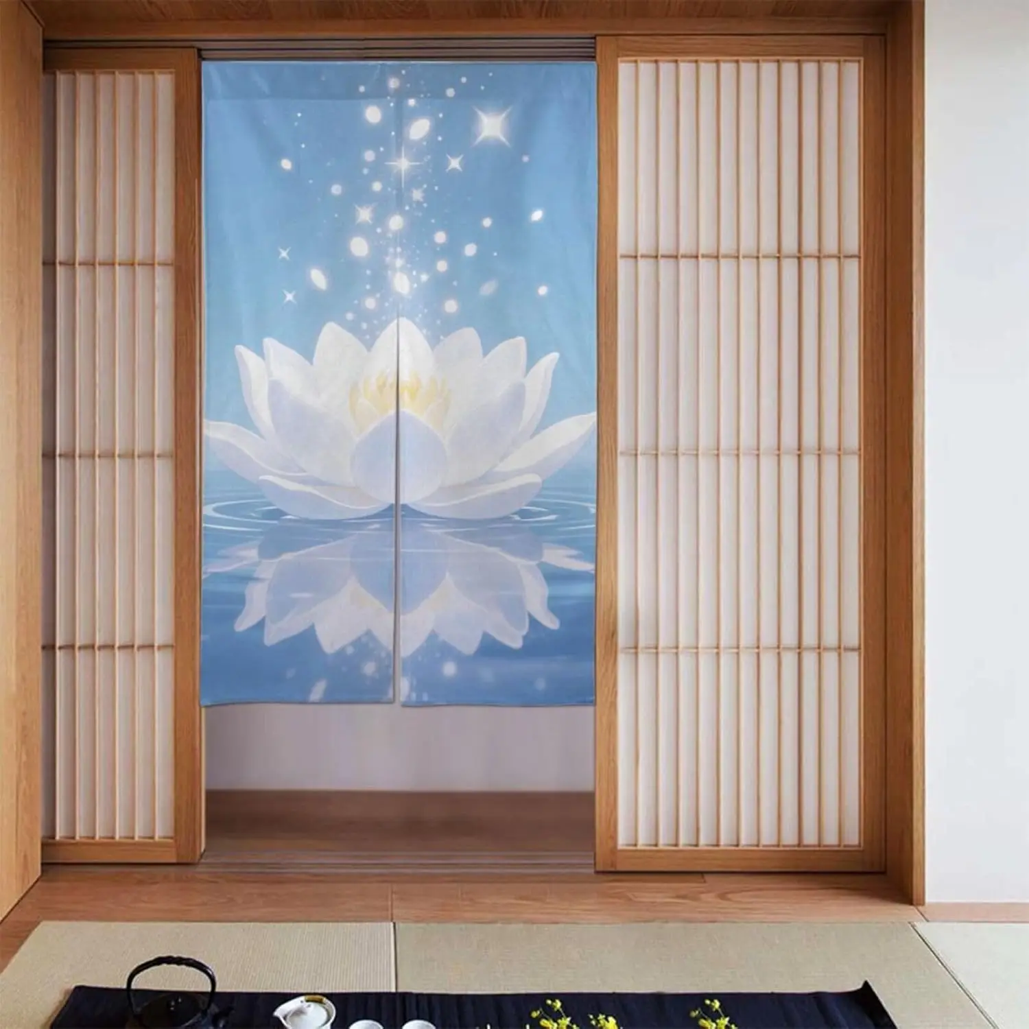 Japanese Zen Lotus Door Curtain, Light Blue Background Glowing White Lotus Water Ripple Print,Serene Oriental Decor Room Divider