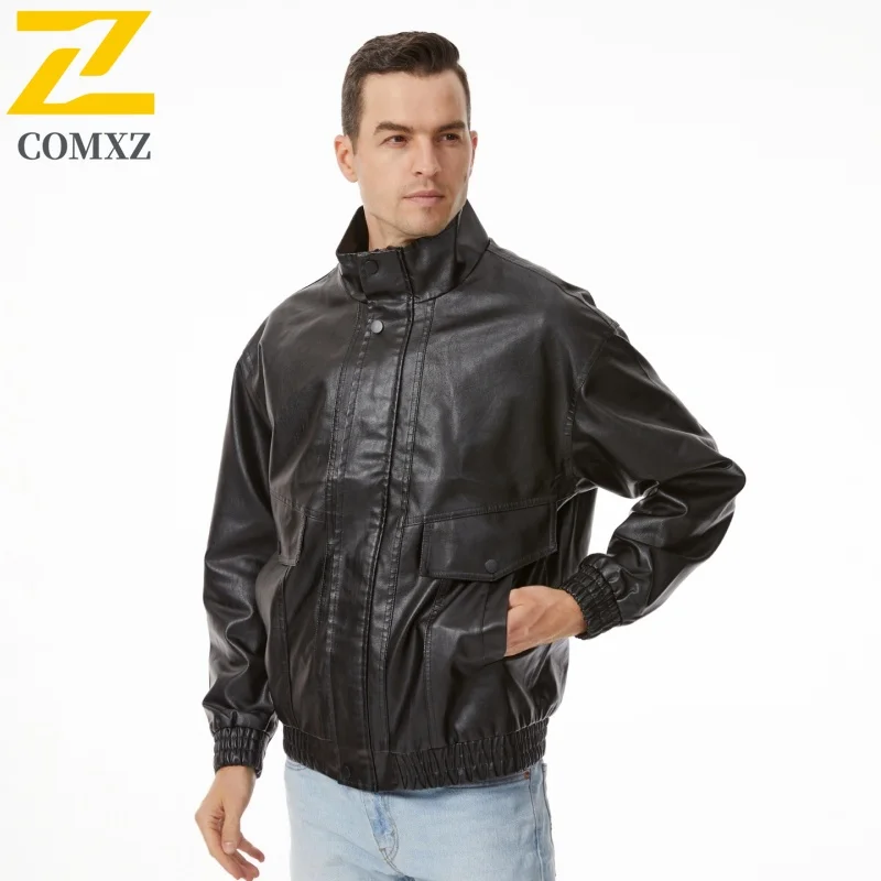 COMXZ 2025 Men Motorcycle Jacket Leather Leisure Turndown Collar Hiking Leather Coat Loose Windproof Autumn Trendy Male Clothing