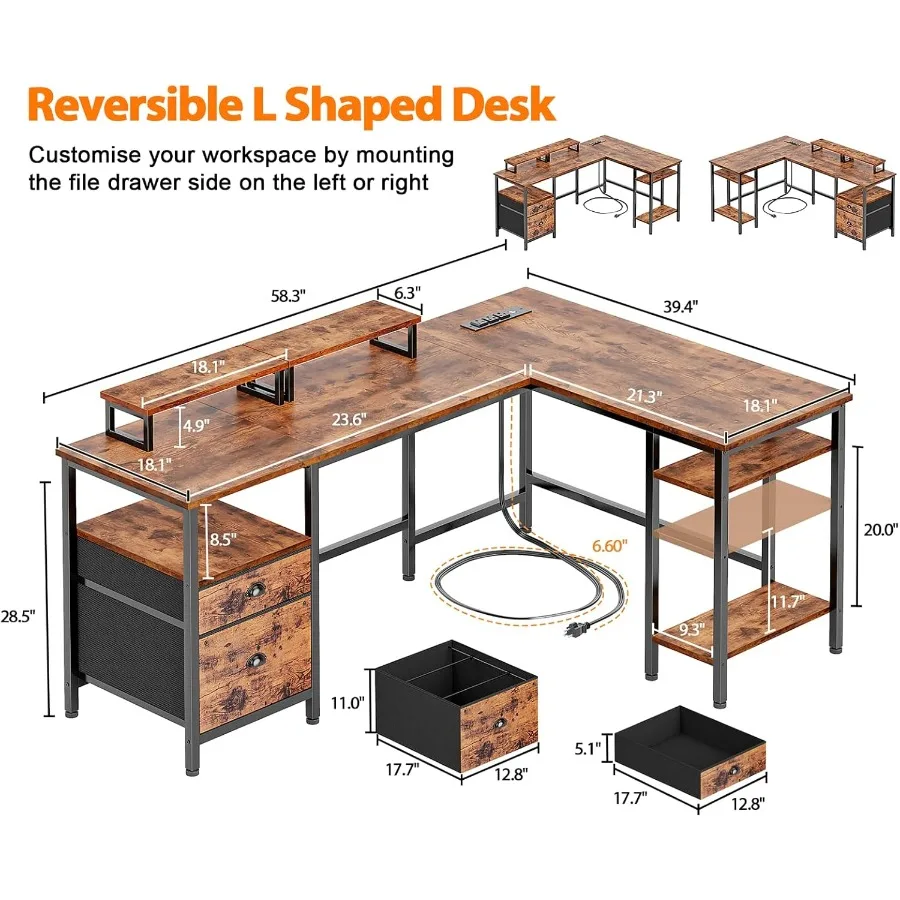 مكتب على شكل 59 لتر مع مخرج طاقة مكتب كمبيوتر قابل للعكس مع درج ملف 2 شاشة تقف ركن طاولة مكتب منزلية مع Sto #3