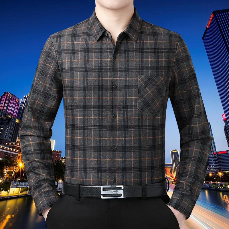 Long-sleeved Shirt Men's Autumn Business Casual Plaid Pocket Shirt