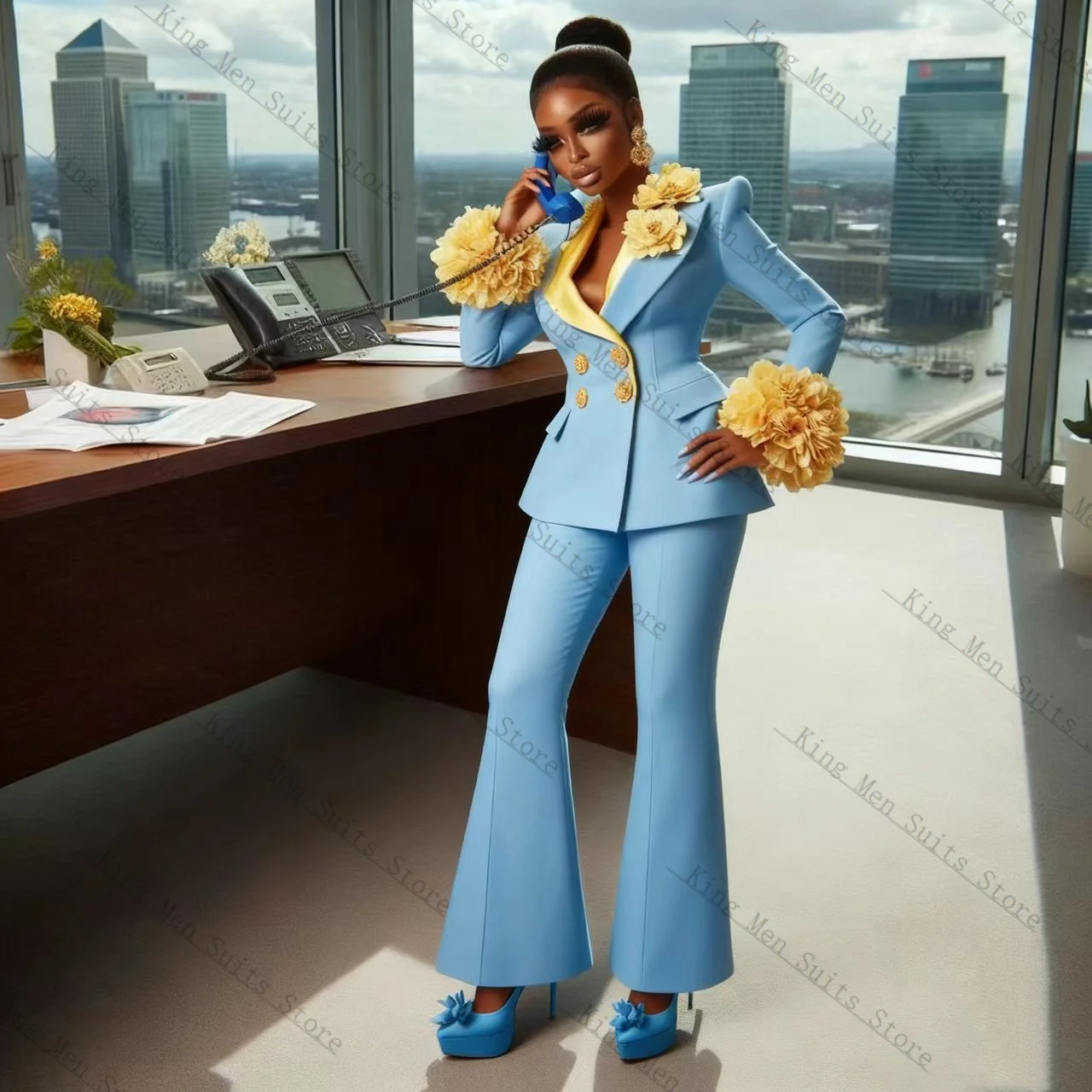 Light Blue Women Suit Set 2 Pcs Blazer+Pants Trousers Ruffles Sleeves Customized Formal Guest Wedding Tuxedos Coat Jacket