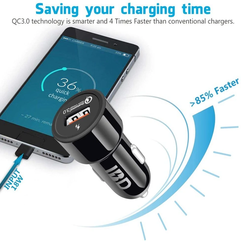 321 Car Charger, 18W USB QC3.0 Car Fast Charger Adapter For Iphone 11/7 Plus/6S, Galaxy S10/S9/S8, Note 9, And More