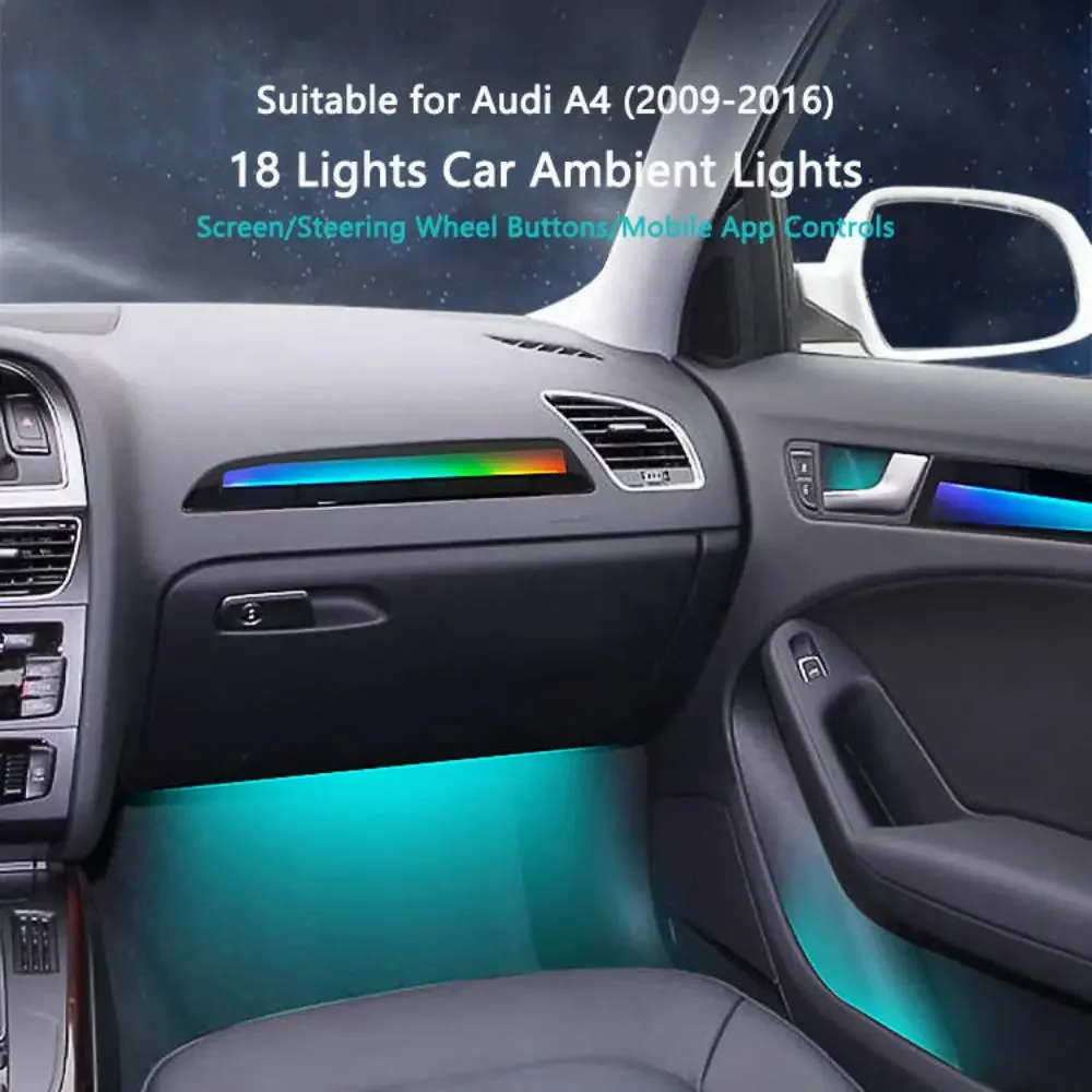 A4 B8 2009-2016 Piano Black Ambient Light Interior Lighting Modification - 18 Lights for 256 Colors A4 Ambient Light Kit