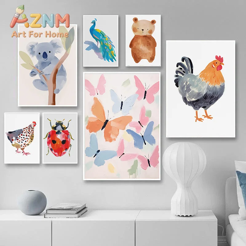 Cute And Dynamic Watercolor Children's Animal Cartoon Art Poster Canvas Printing Kindergarten Daycare Baby Room Wall Decorati
