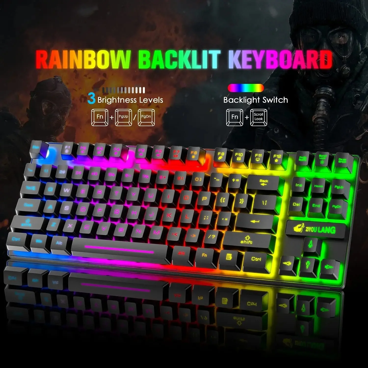 Free Wolves T87 Wireless Gaming Keyboard and Mouse Set Combo Rainbow Backlit Rechargeable 3800mAh Battery 87 Keys Keyboard Mouse