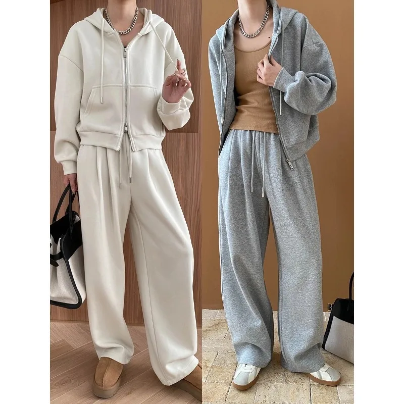 Relaxed Double Zipper Hooded Sweatshirt Wide Leg Casual Pants Sports Two Piece Set