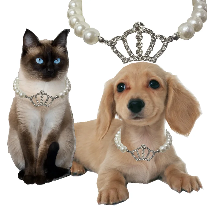 

New Original Cat And Dog Necklace Pet Decor Luxury Rhinestone Crown Elegant Pearl Necklace