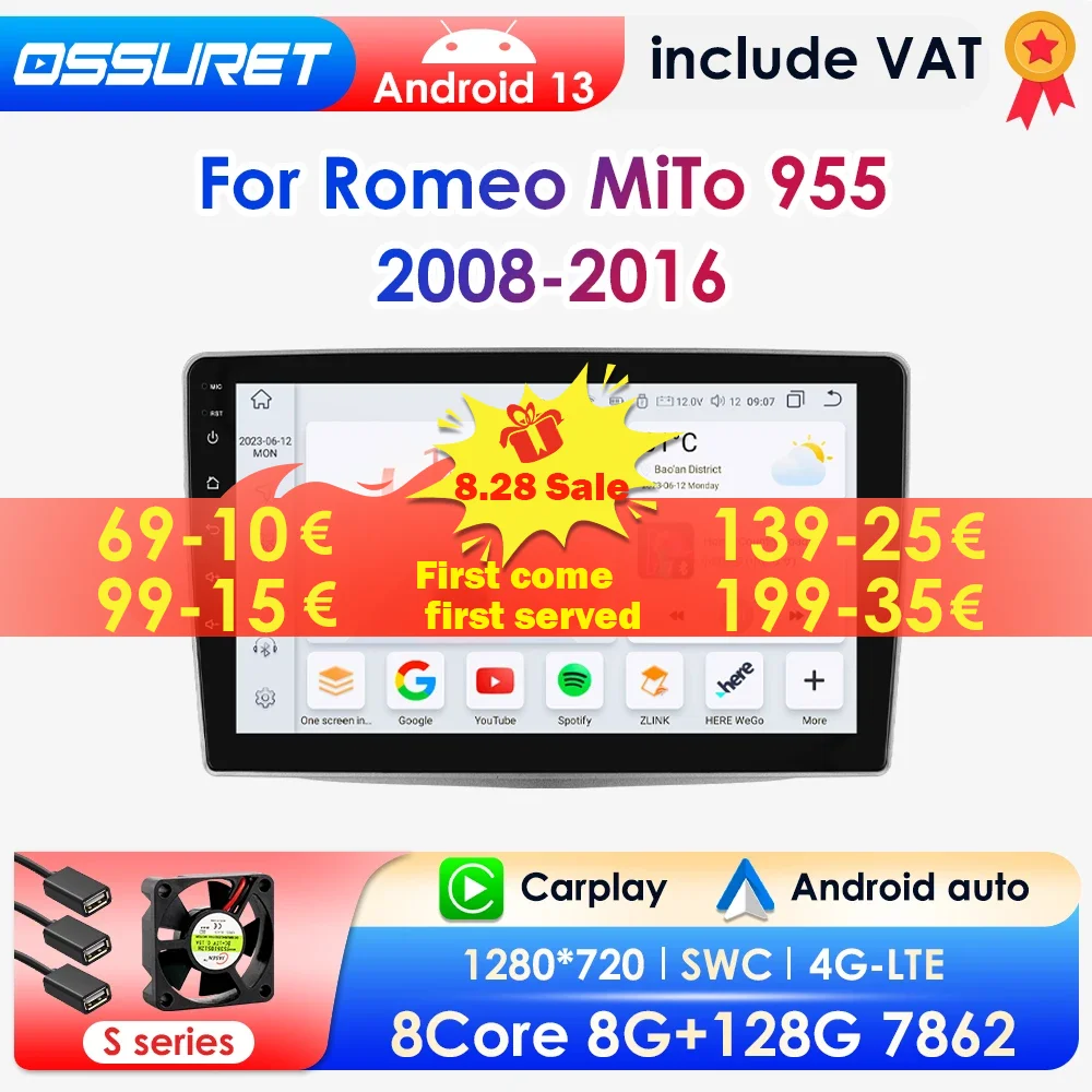 2DIN Android13 lettore multimediale per auto per Alfa Romeo MiTo 955 2008-2016 Wireless Carplay 4G 360 unità principale della fotocamera android 9 pollici