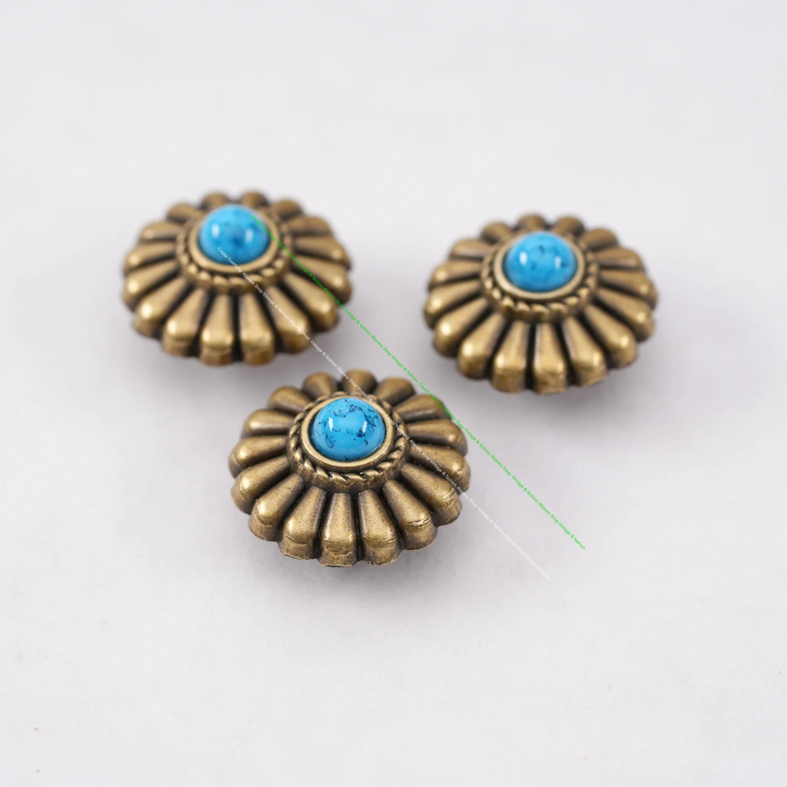 10PC 16MM FLORAL WESTERN TURQUOISE ANTIQUE BRASS SCREW BACK SADDLE DECOR BUTTONS SCREWBACK